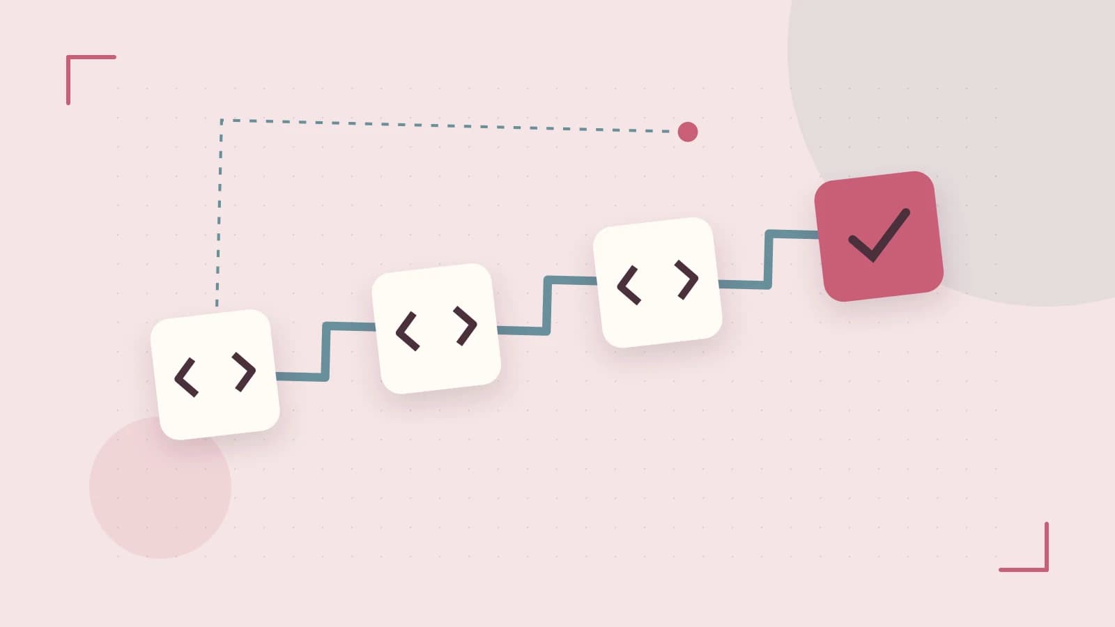 Editorial illustration of a branching build pipeline, staged transformations and a completed check