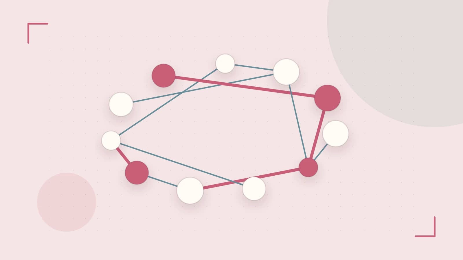 Editorial illustration of an algorithmic node graph with branching paths and a highlighted result