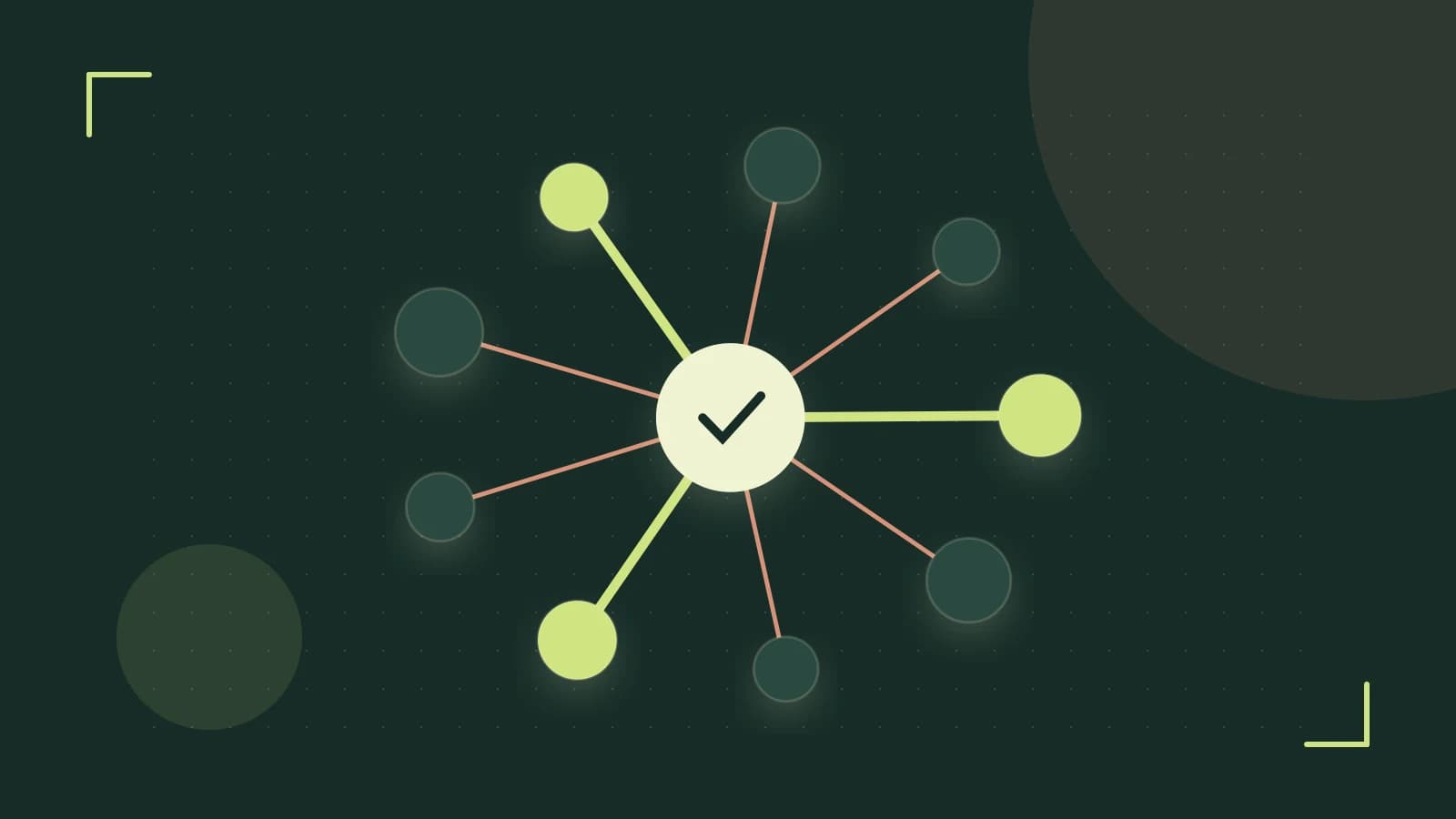 Editorial illustration of an algorithmic node graph with branching paths and a highlighted result