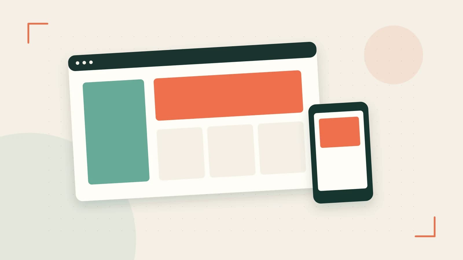Editorial illustration of responsive browser layouts, overlapping design components and a color system