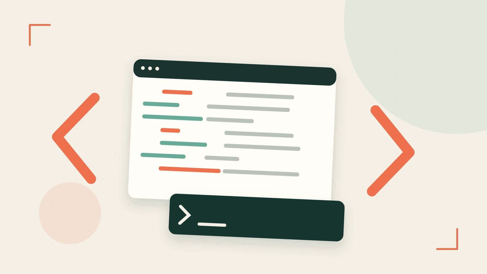 Editorial illustration of an abstract code editor, syntax blocks and oversized programming brackets