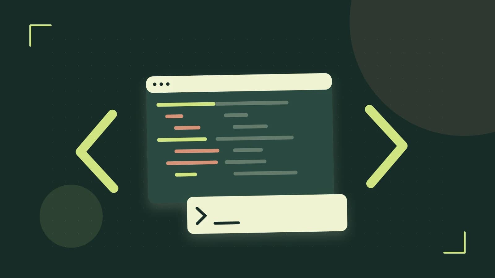 Editorial illustration of an abstract code editor, syntax blocks and oversized programming brackets