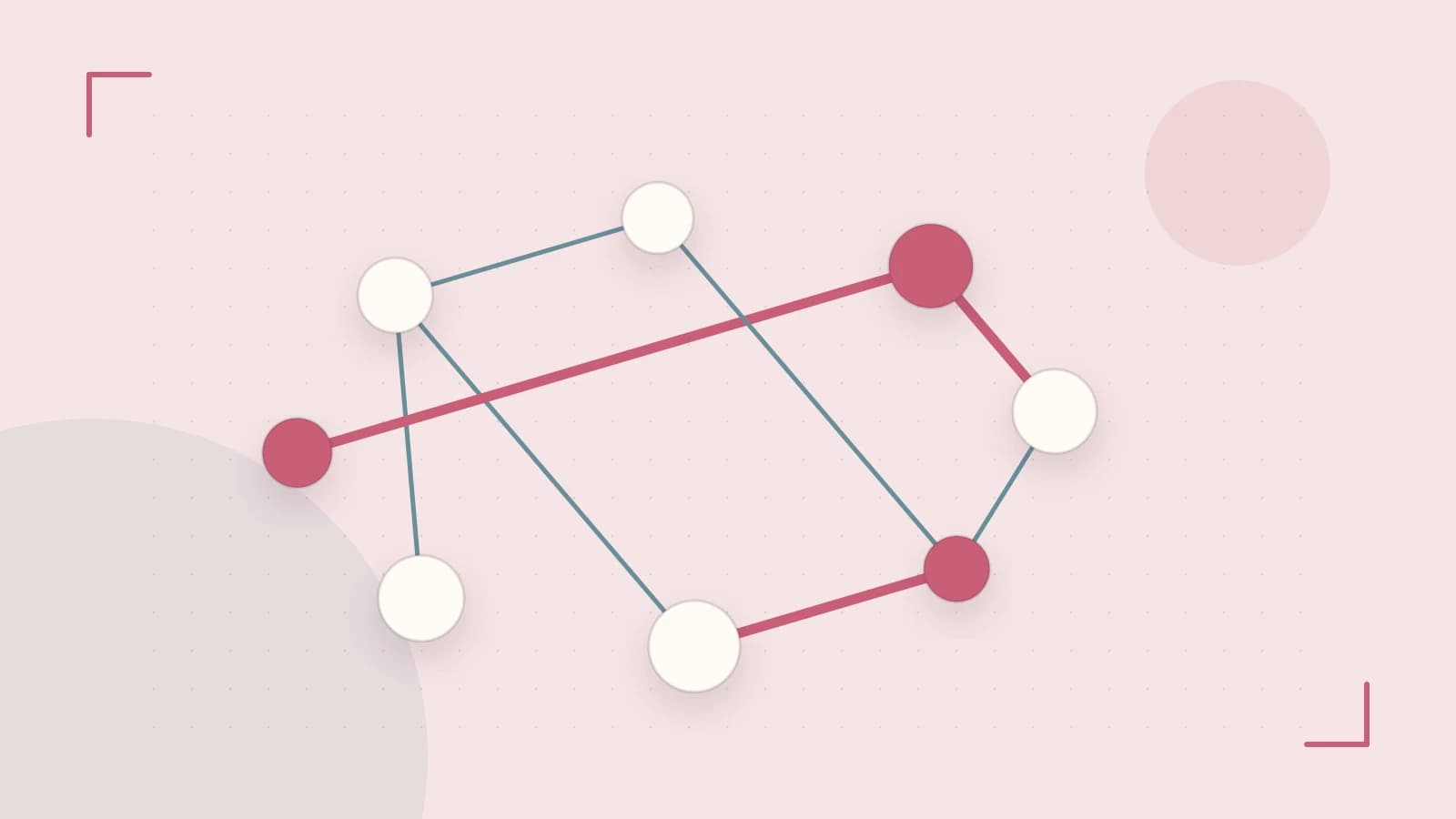 Editorial illustration of an algorithmic node graph with branching paths and a highlighted result