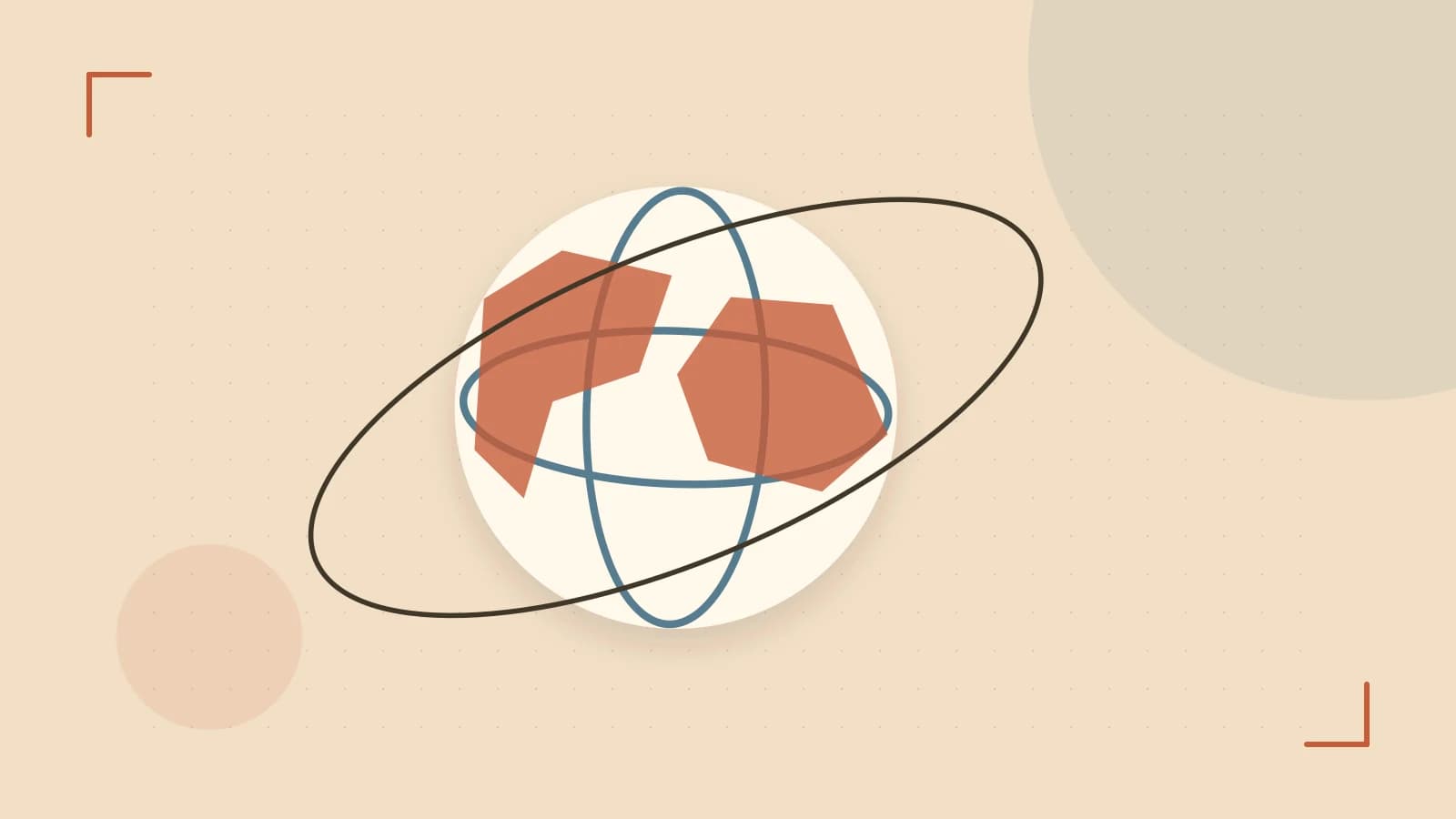 Editorial illustration of an editorial globe with meridians and layered geographic shapes