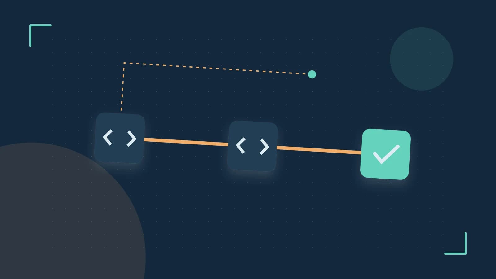 Editorial illustration of a branching build pipeline, staged transformations and a completed check