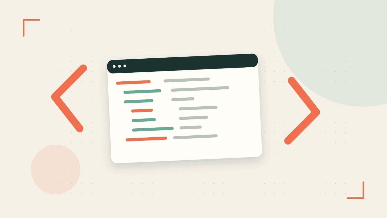 Editorial illustration of an abstract code editor, syntax blocks and oversized programming brackets