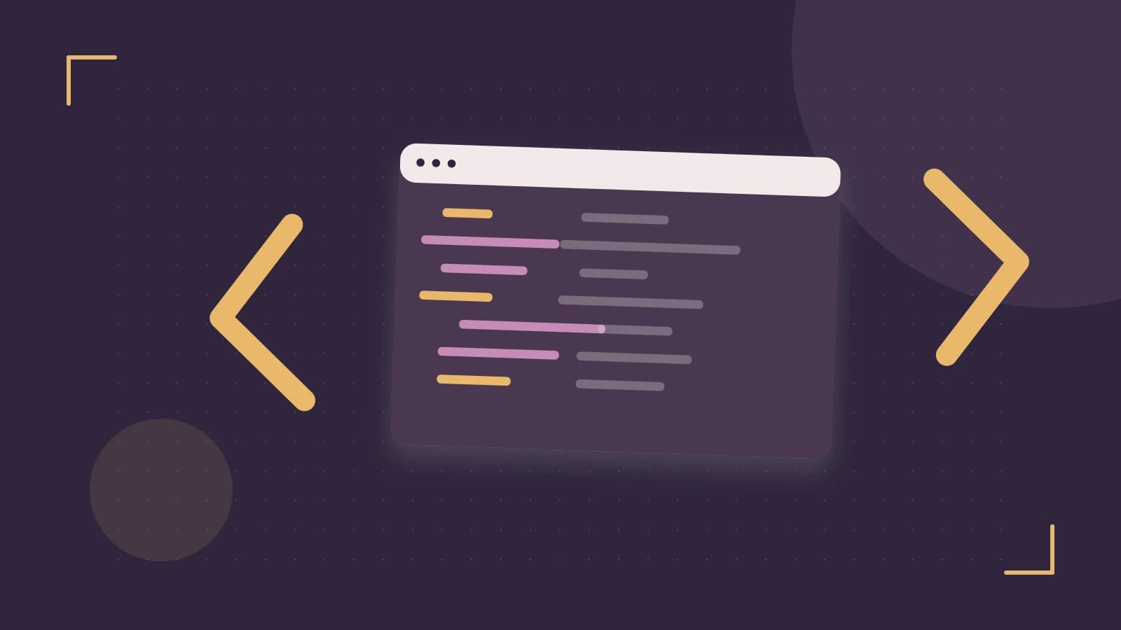 Editorial illustration of an abstract code editor, syntax blocks and oversized programming brackets