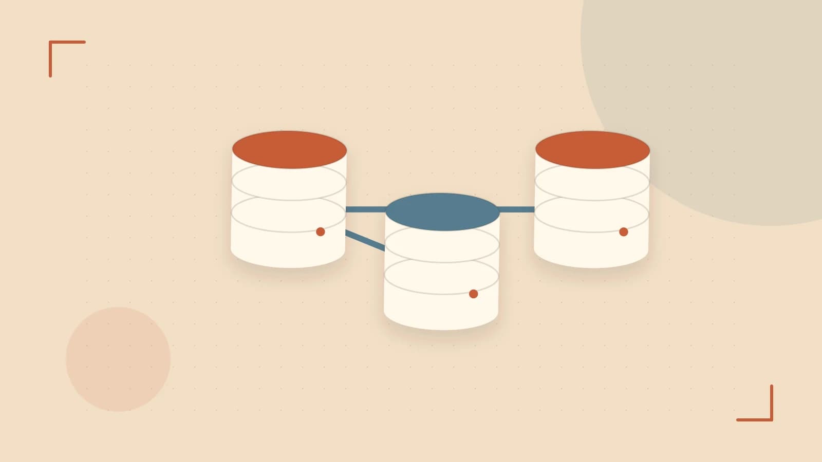 Editorial illustration of structured records, database cylinders and relationships between tables