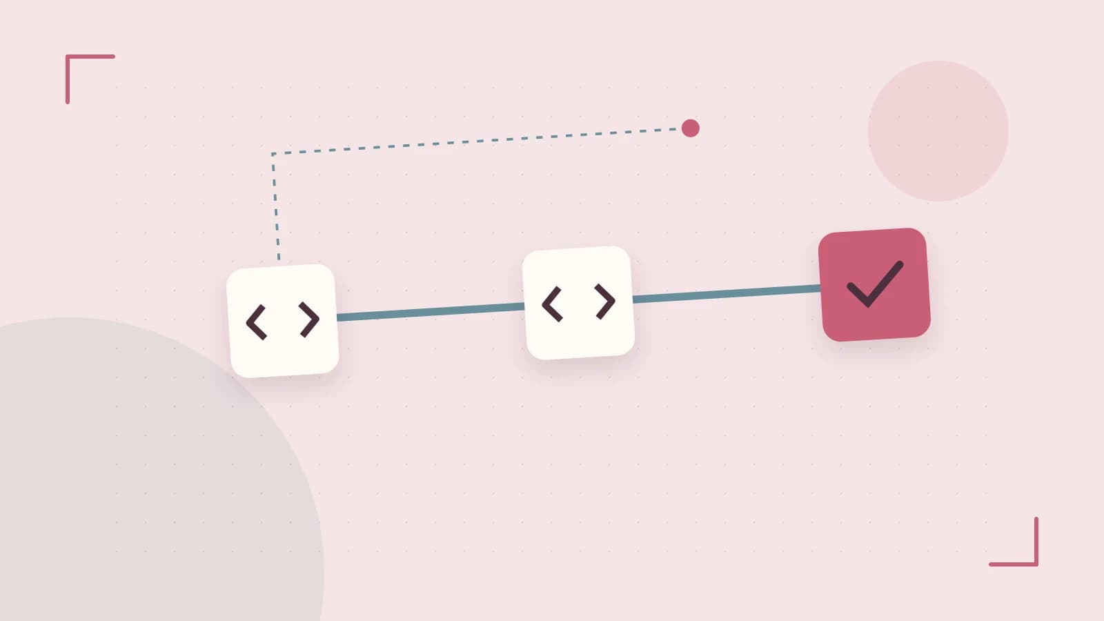 Editorial illustration of a branching build pipeline, staged transformations and a completed check