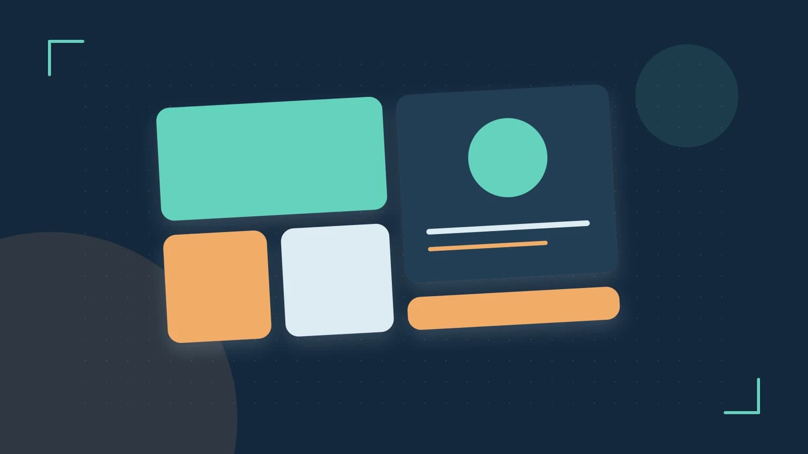 Editorial illustration of responsive browser layouts, overlapping design components and a color system
