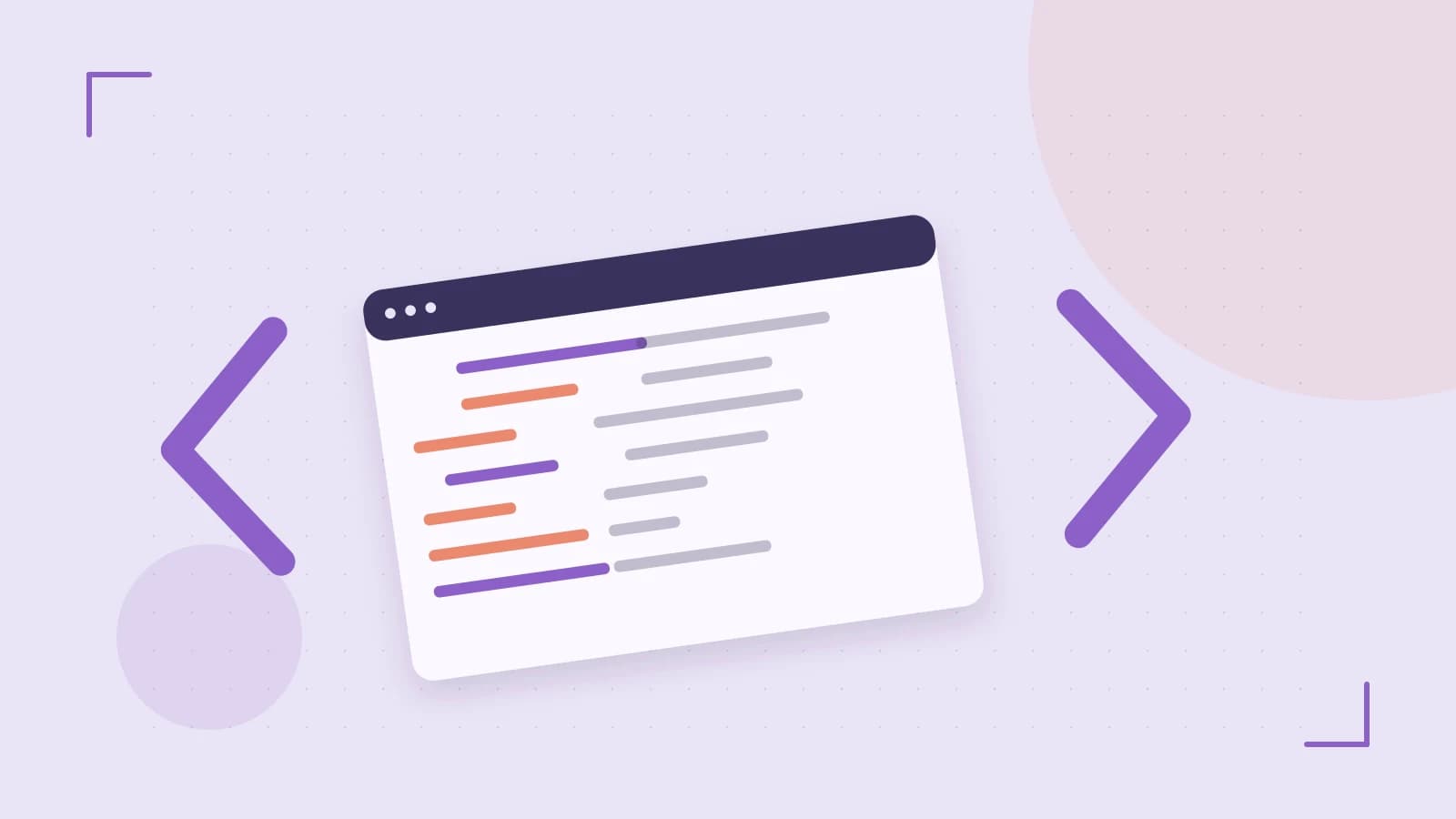 Editorial illustration of an abstract code editor, syntax blocks and oversized programming brackets