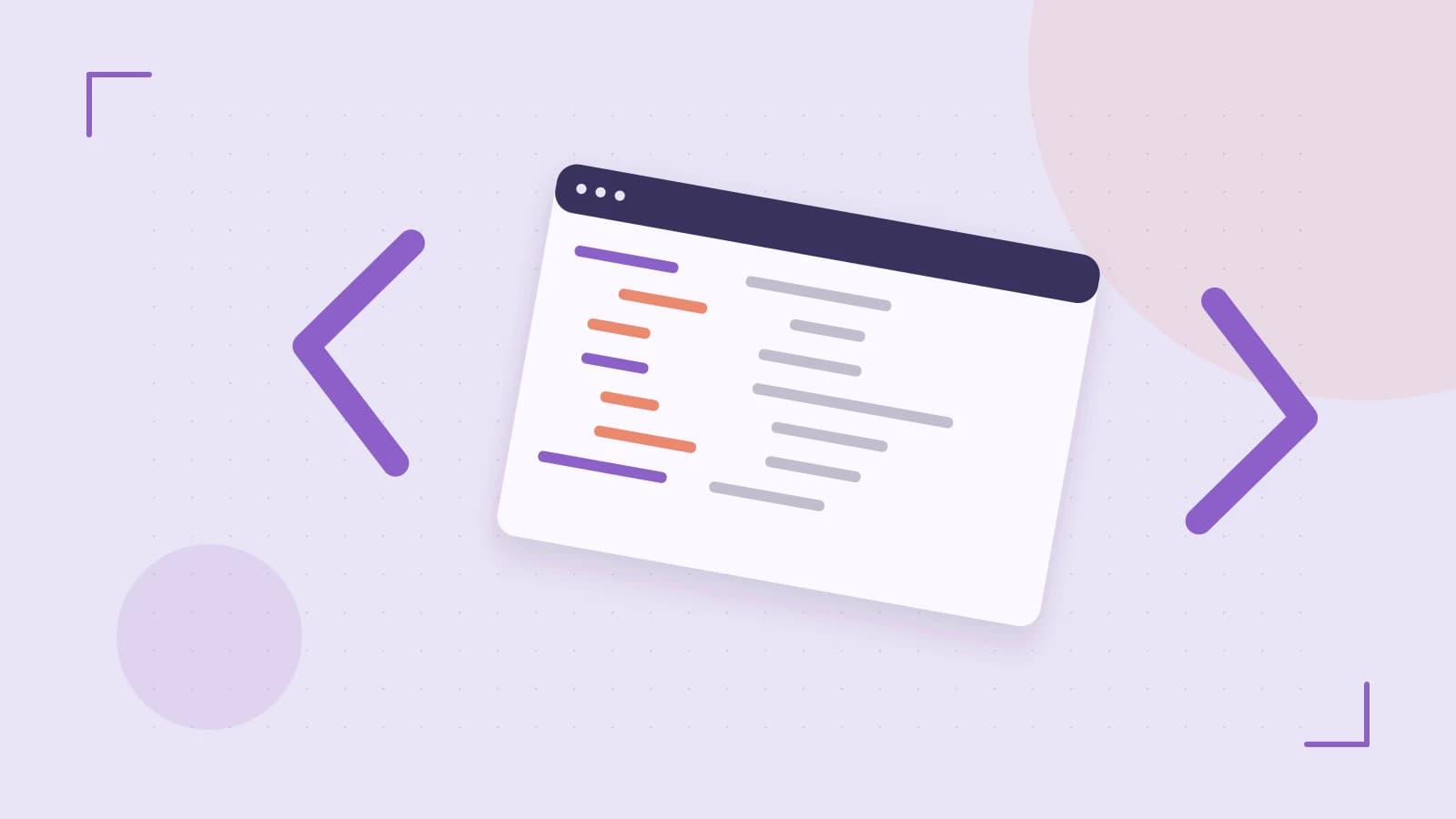 Editorial illustration of an abstract code editor, syntax blocks and oversized programming brackets