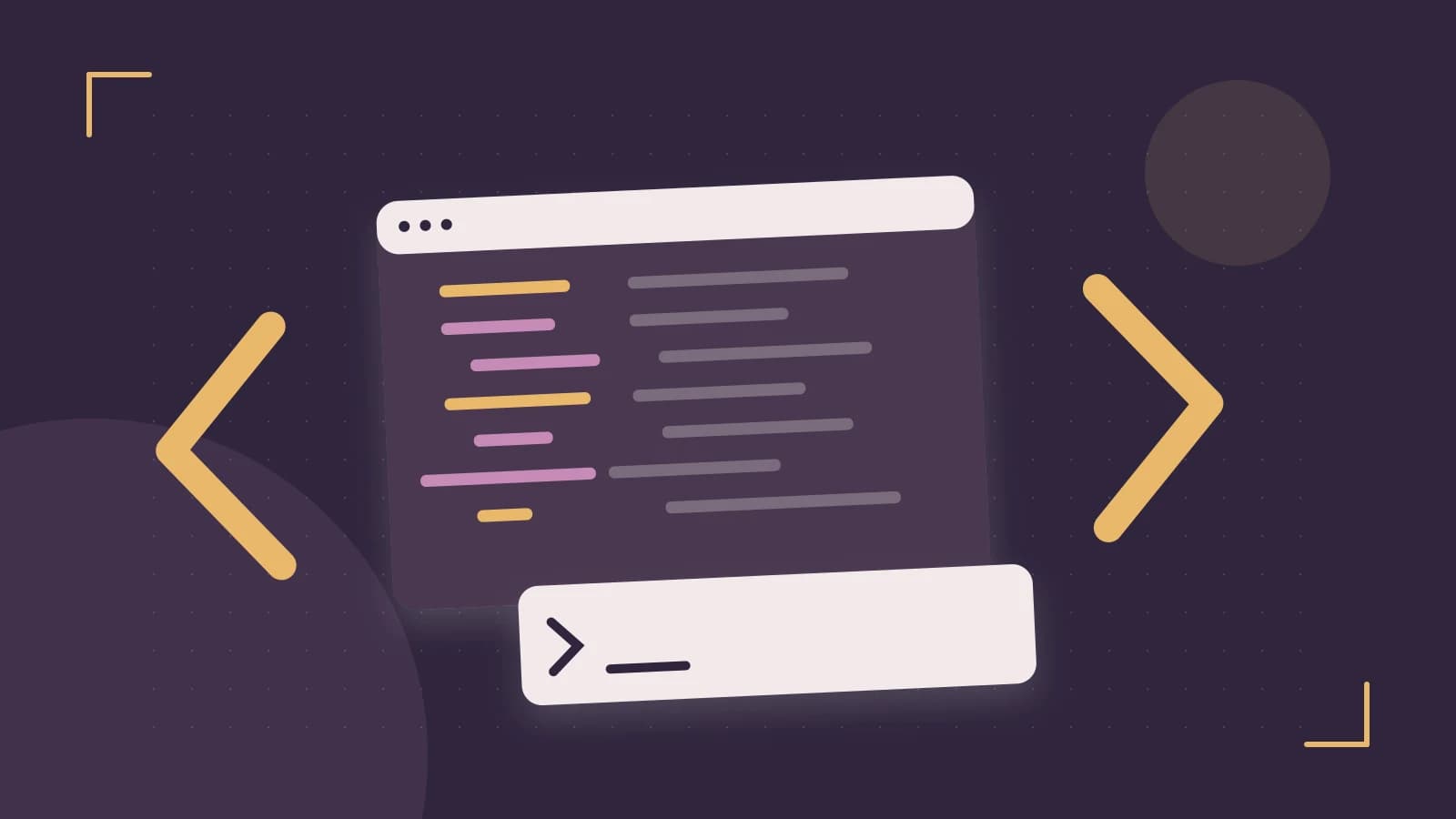 Editorial illustration of an abstract code editor, syntax blocks and oversized programming brackets