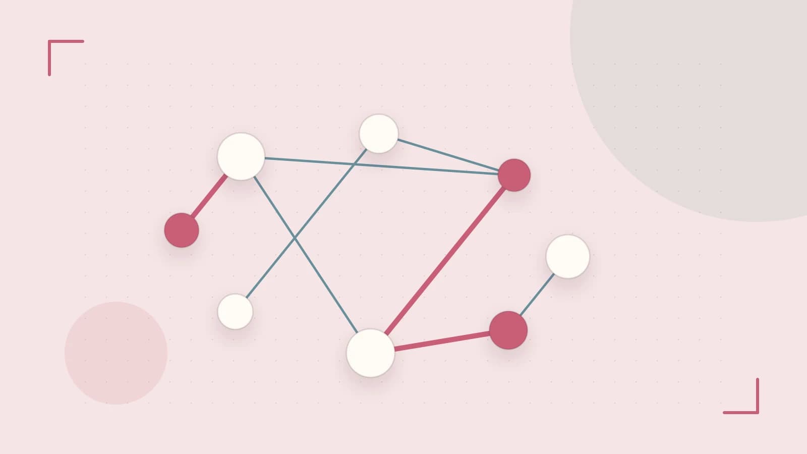 Editorial illustration of an algorithmic node graph with branching paths and a highlighted result