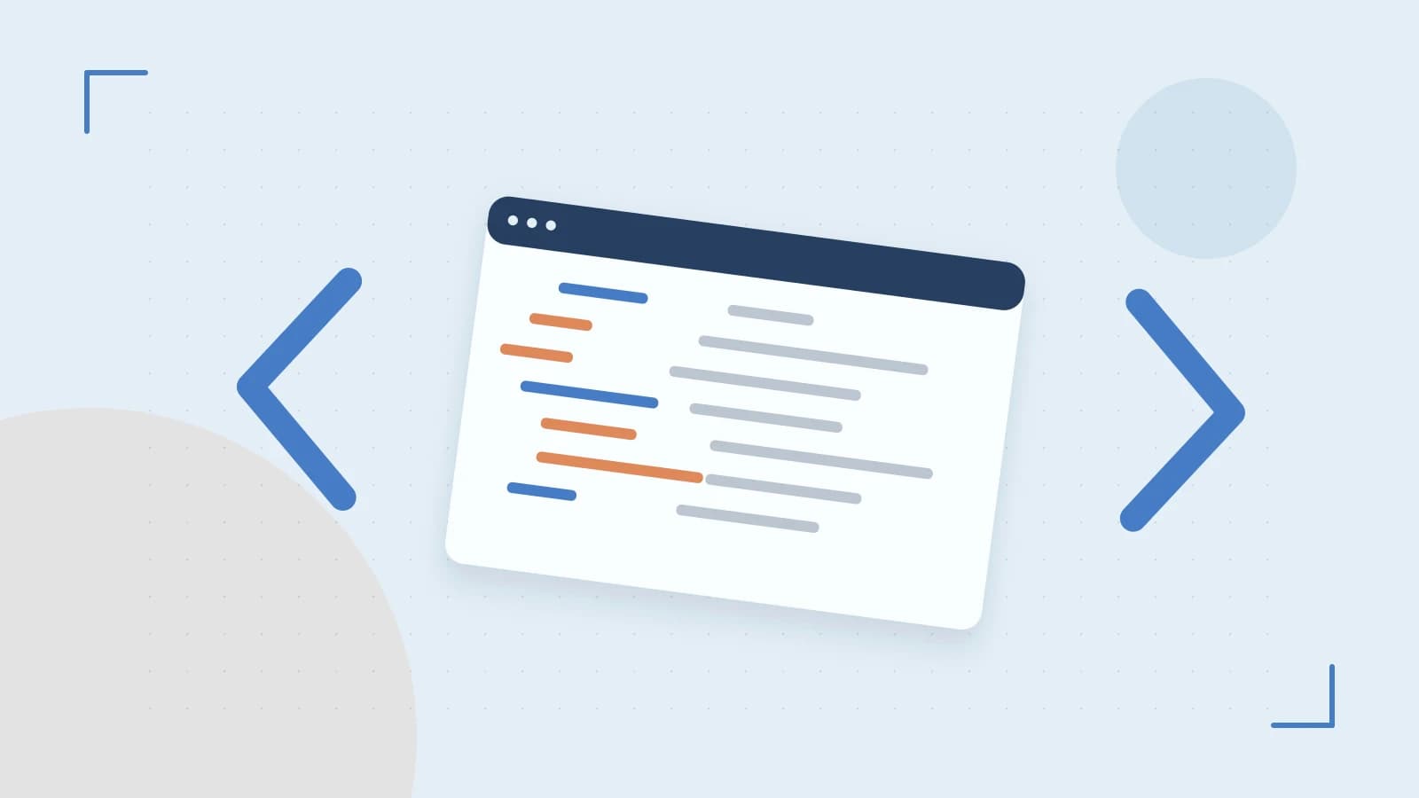 Editorial illustration of an abstract code editor, syntax blocks and oversized programming brackets
