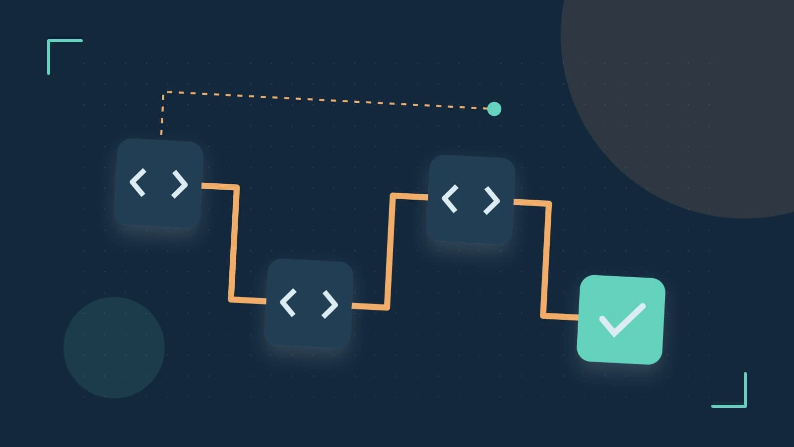 Editorial illustration of a branching build pipeline, staged transformations and a completed check