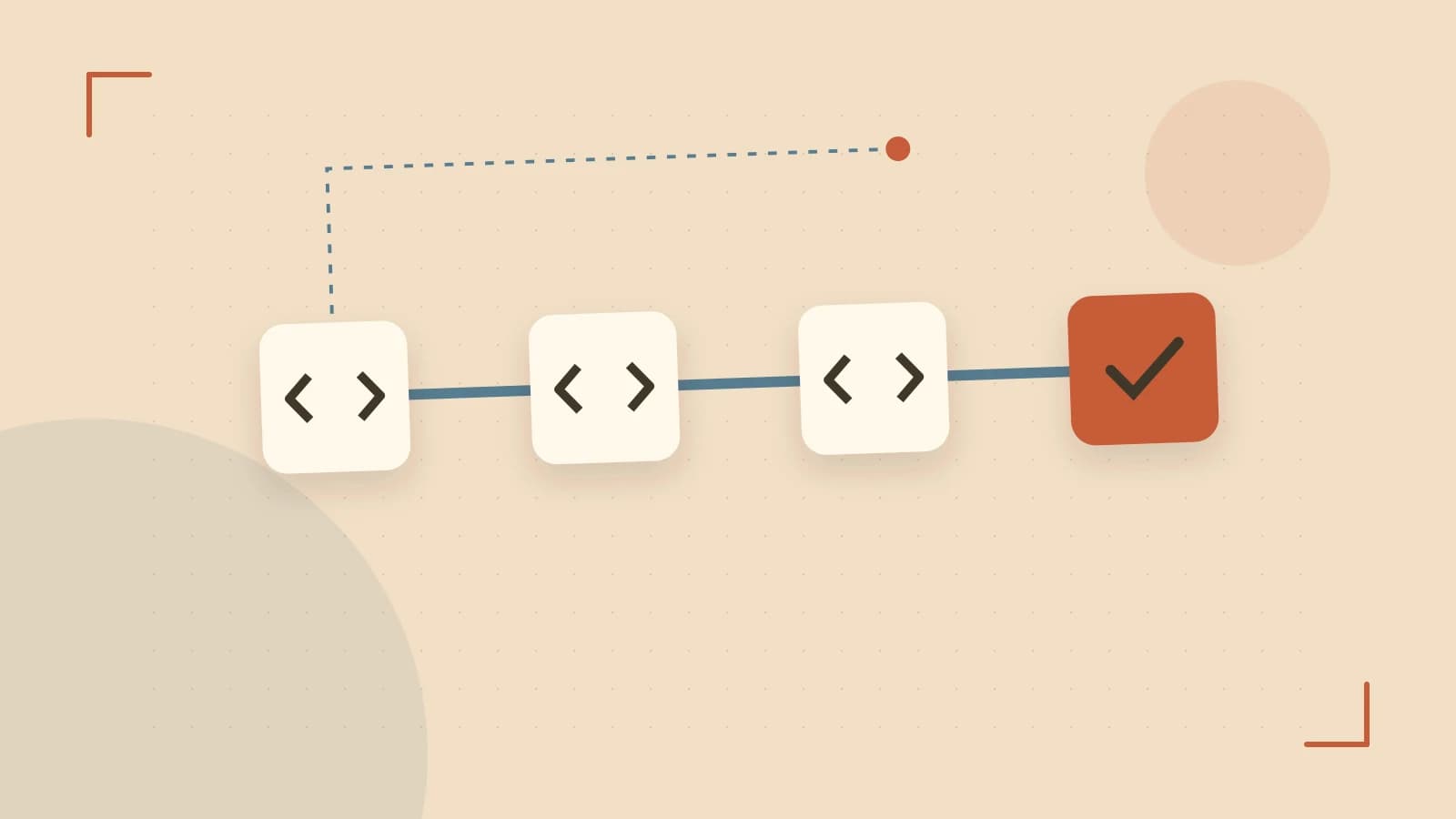 Editorial illustration of a branching build pipeline, staged transformations and a completed check