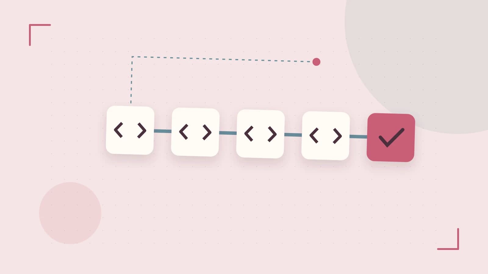 Editorial illustration of a branching build pipeline, staged transformations and a completed check
