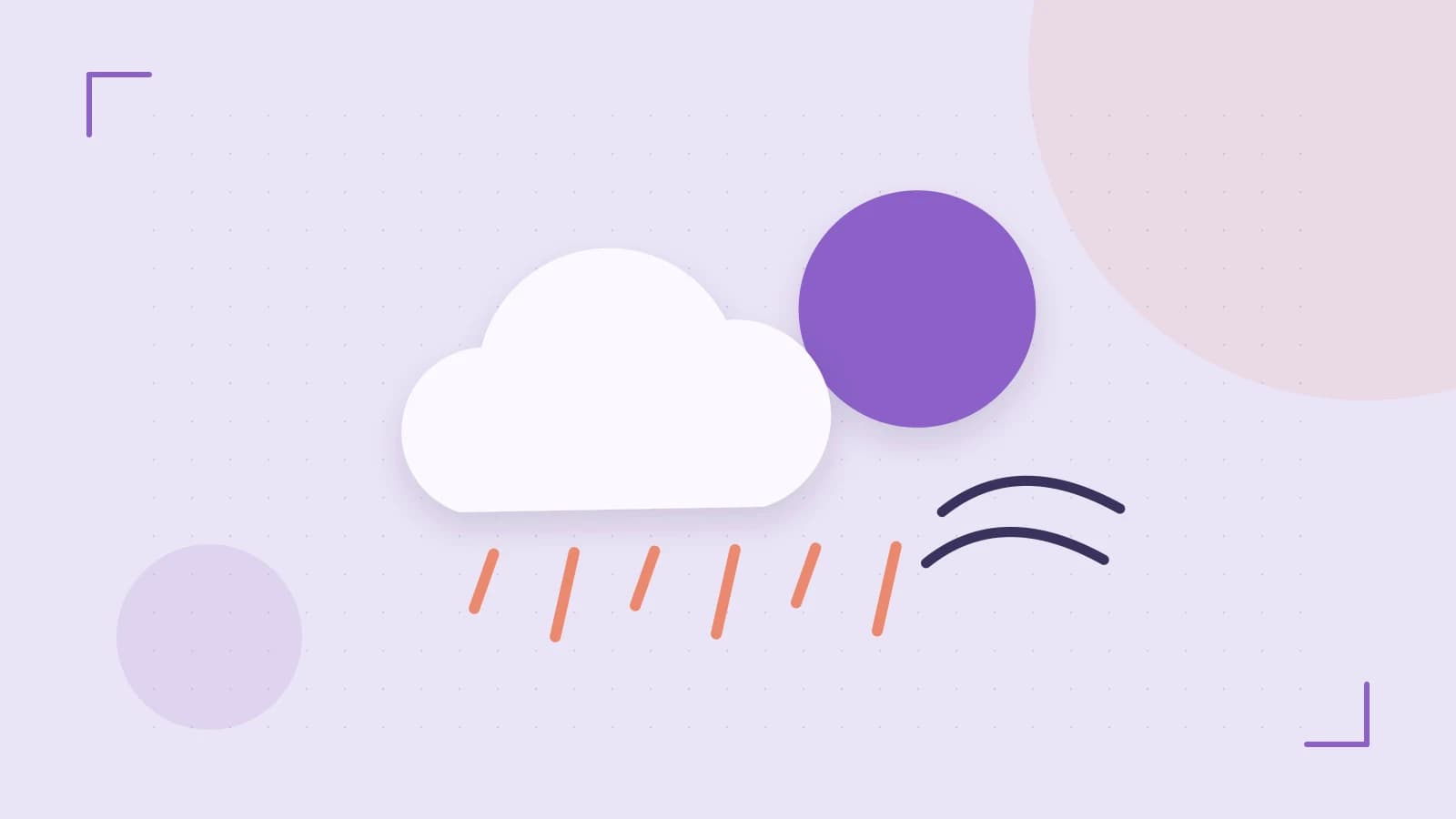 Editorial illustration of a sun, layered clouds, raindrops and flowing weather patterns