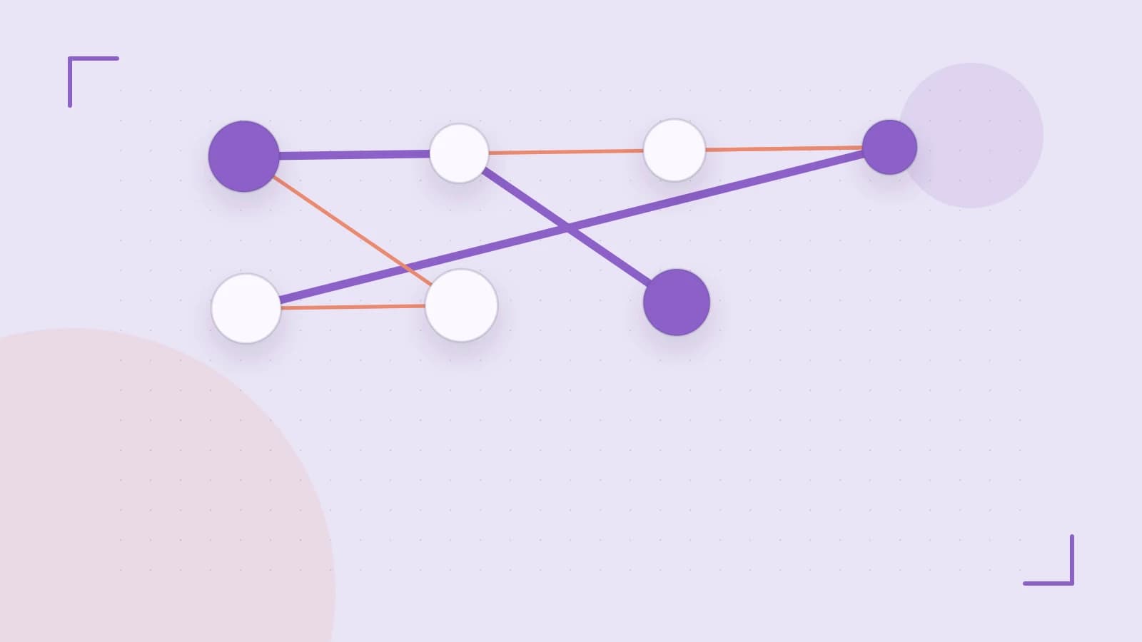 Editorial illustration of an algorithmic node graph with branching paths and a highlighted result