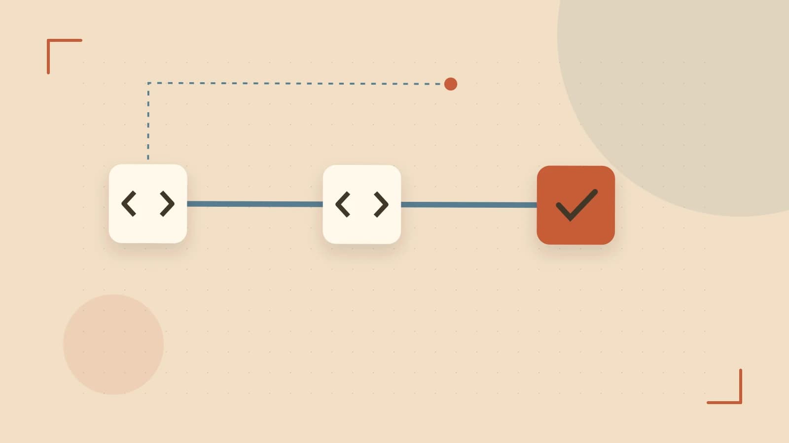 Editorial illustration of a branching build pipeline, staged transformations and a completed check
