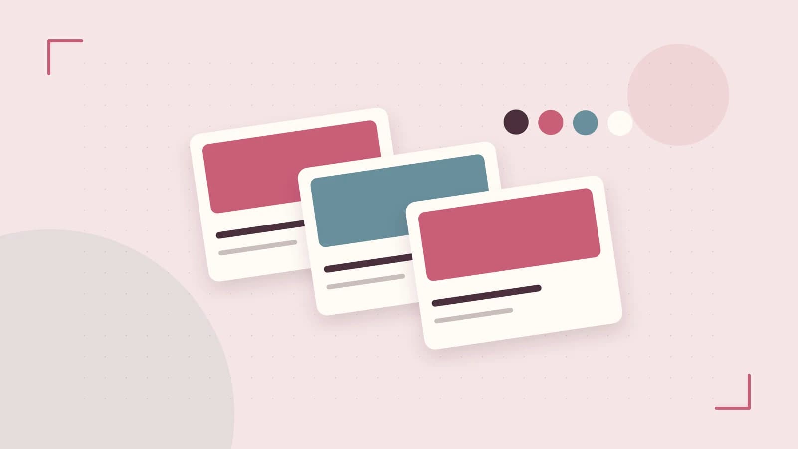 Editorial illustration of responsive browser layouts, overlapping design components and a color system