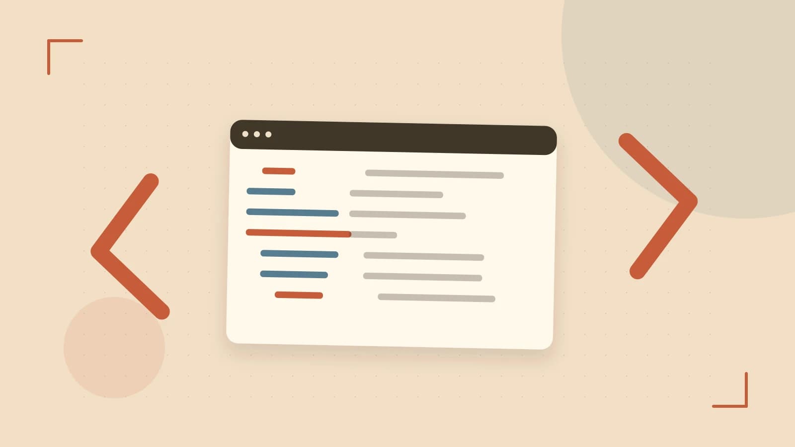Editorial illustration of an abstract code editor, syntax blocks and oversized programming brackets