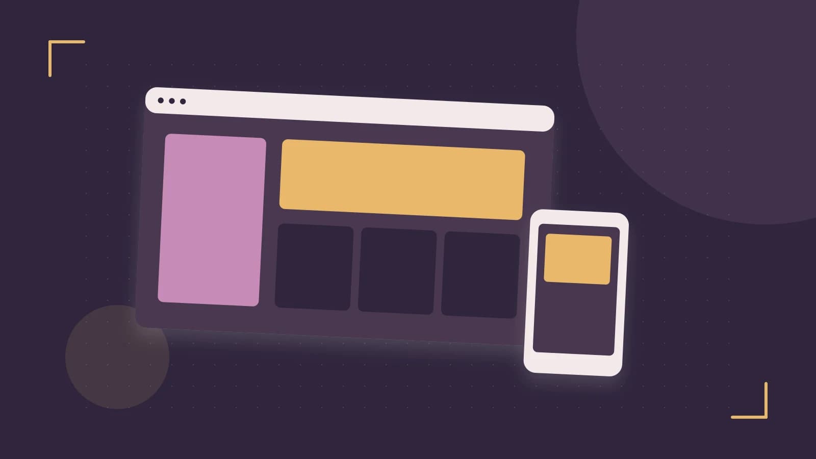 Editorial illustration of responsive browser layouts, overlapping design components and a color system