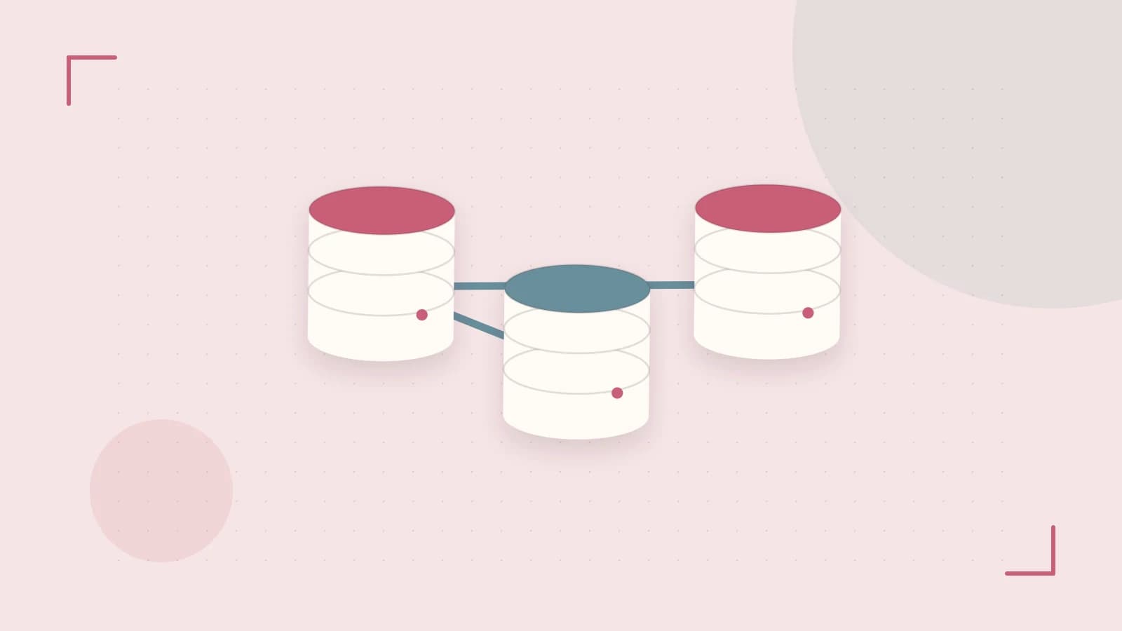 Editorial illustration of structured records, database cylinders and relationships between tables