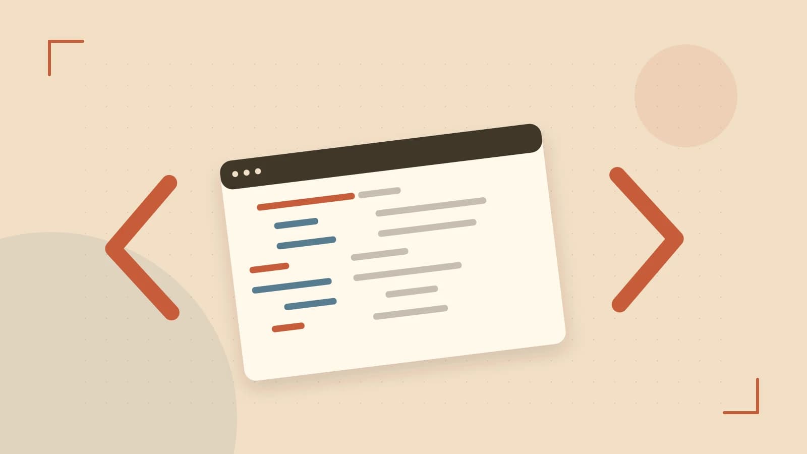 Editorial illustration of an abstract code editor, syntax blocks and oversized programming brackets