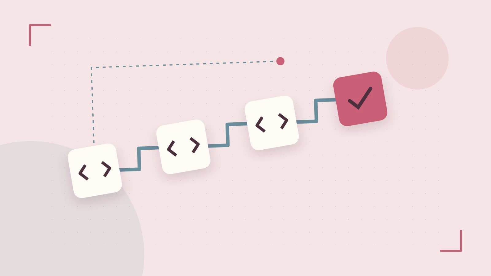 Editorial illustration of a branching build pipeline, staged transformations and a completed check