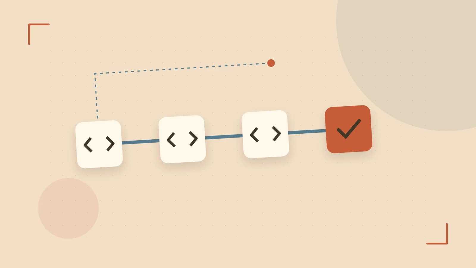 Editorial illustration of a branching build pipeline, staged transformations and a completed check