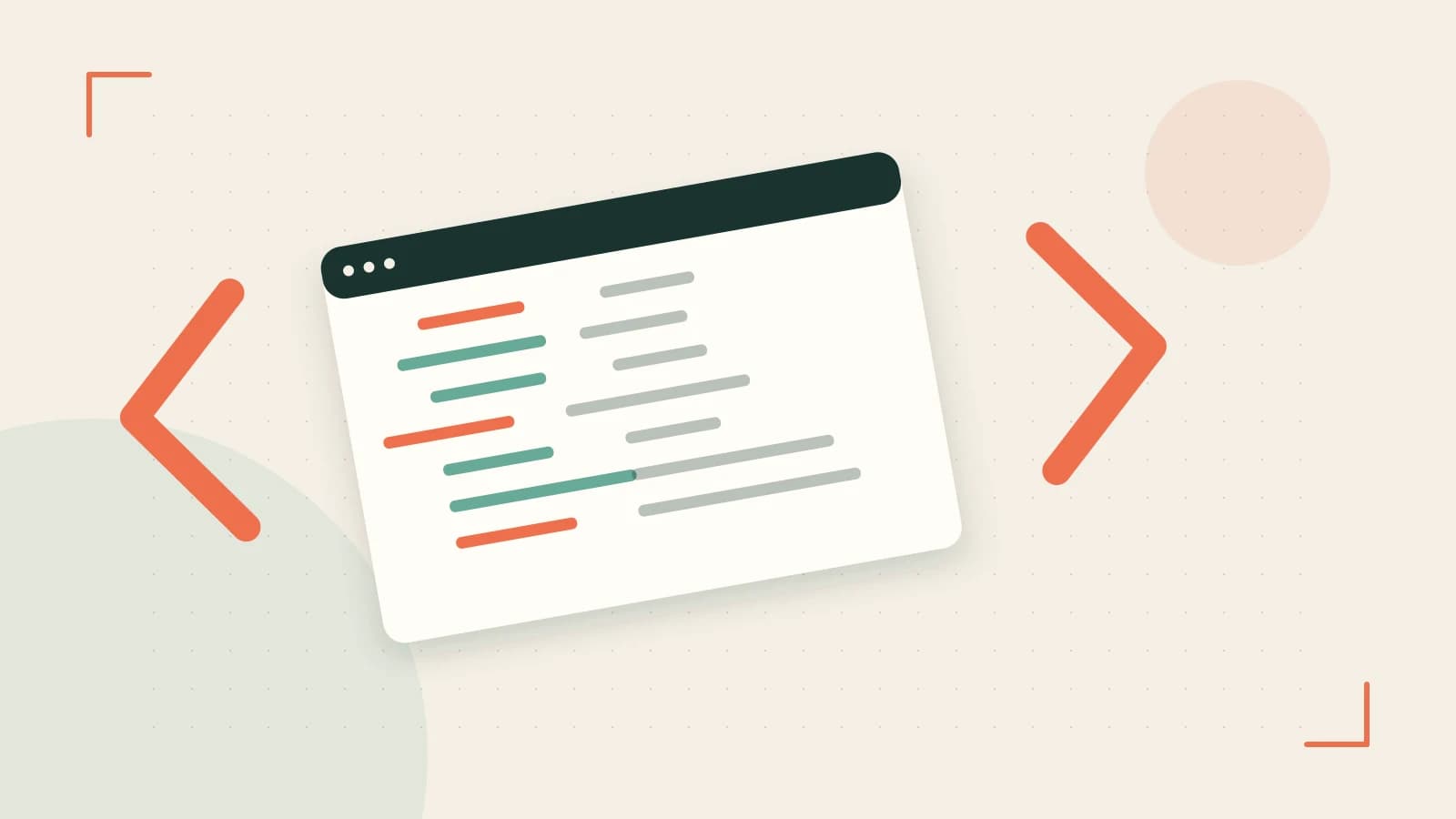 Editorial illustration of an abstract code editor, syntax blocks and oversized programming brackets