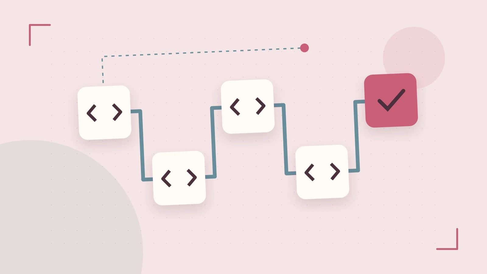 Editorial illustration of a branching build pipeline, staged transformations and a completed check