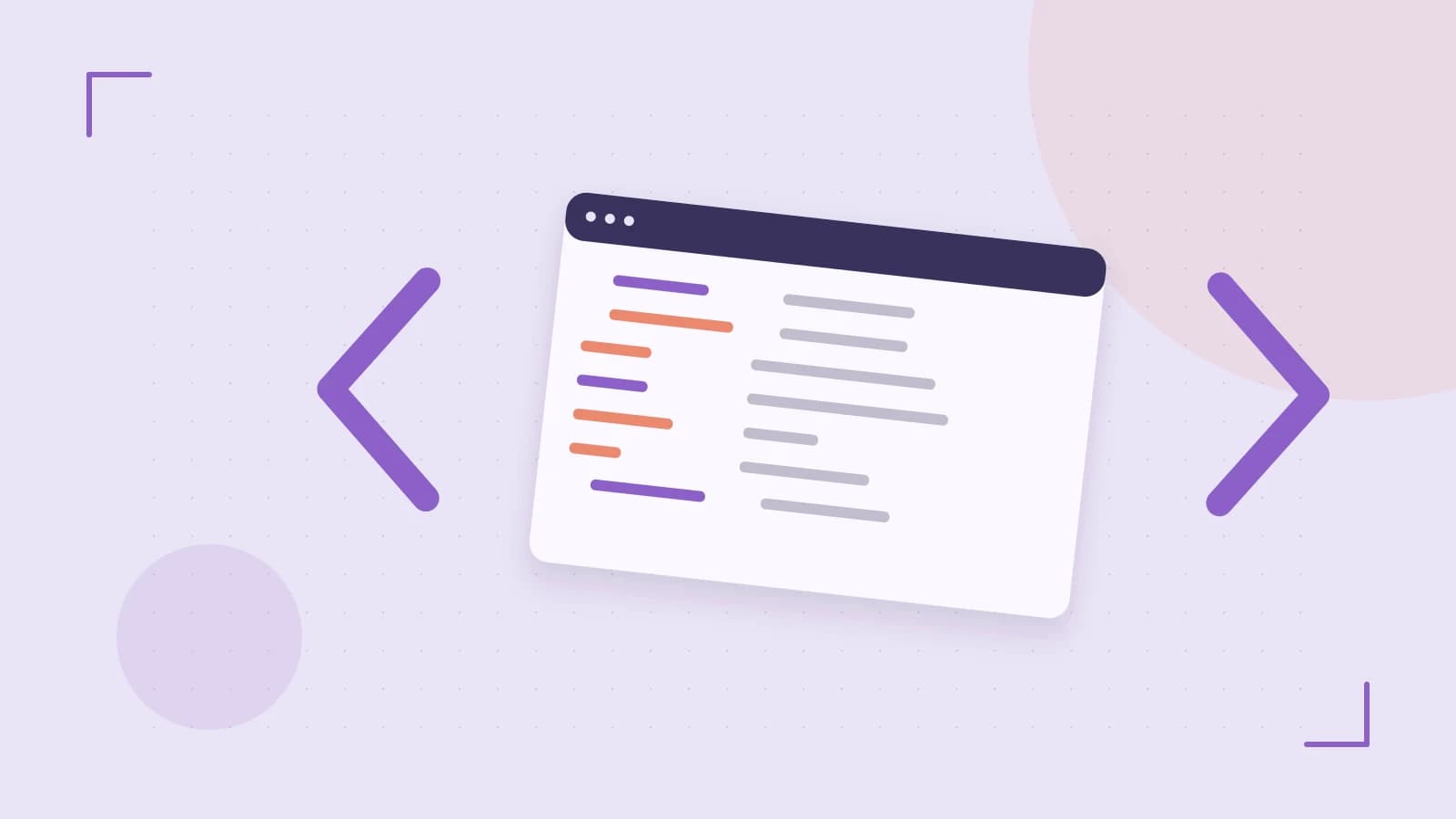 Editorial illustration of an abstract code editor, syntax blocks and oversized programming brackets