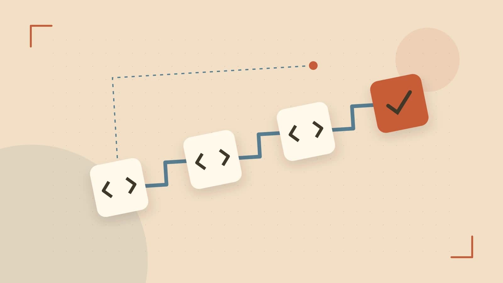Editorial illustration of a branching build pipeline, staged transformations and a completed check