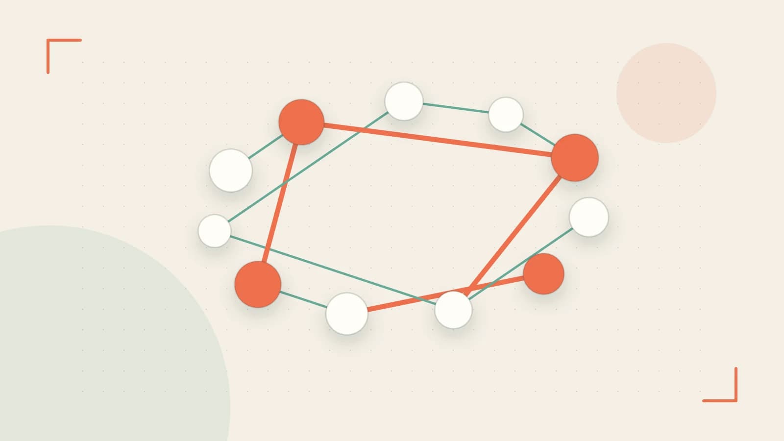 Editorial illustration of an algorithmic node graph with branching paths and a highlighted result