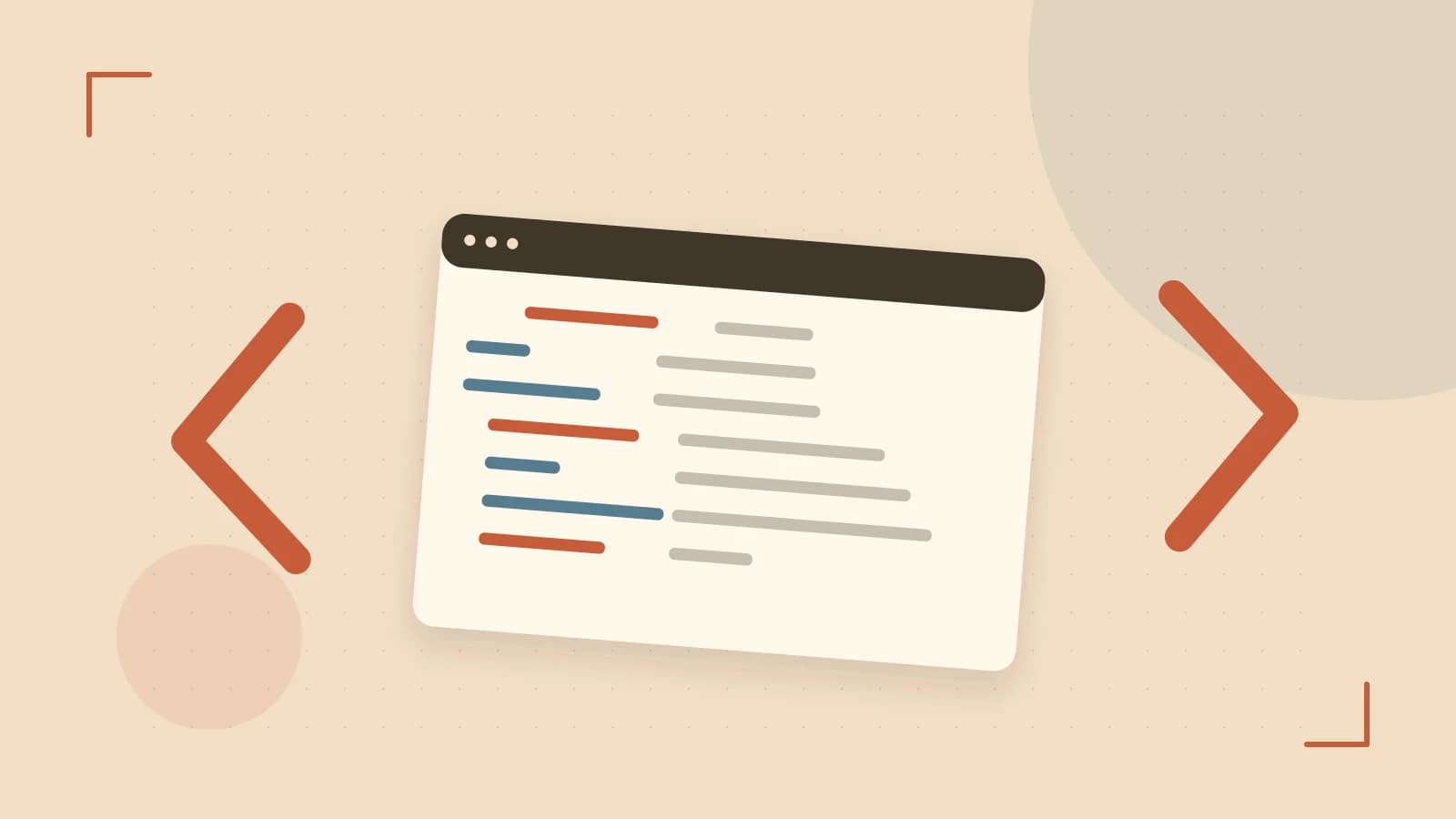 Editorial illustration of an abstract code editor, syntax blocks and oversized programming brackets