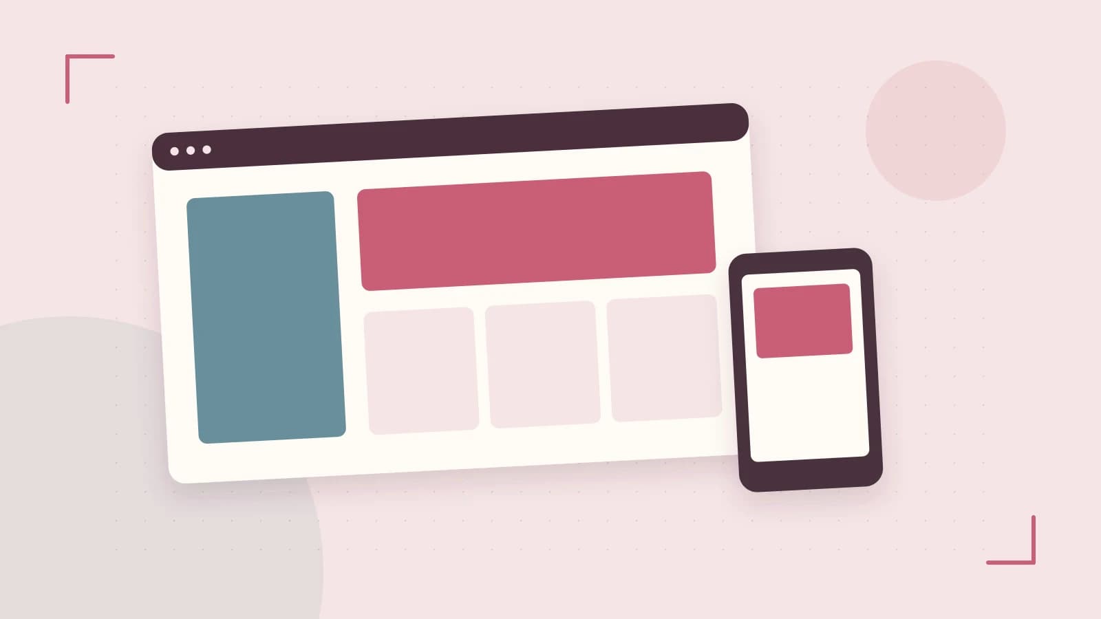 Editorial illustration of responsive browser layouts, overlapping design components and a color system