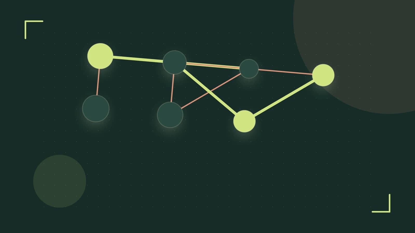 Editorial illustration of an algorithmic node graph with branching paths and a highlighted result