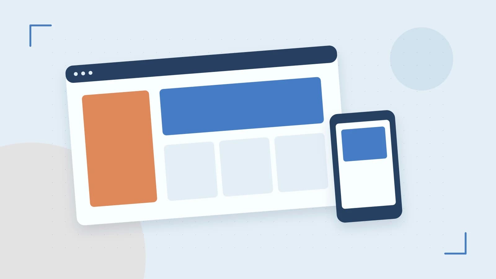 Editorial illustration of responsive browser layouts, overlapping design components and a color system