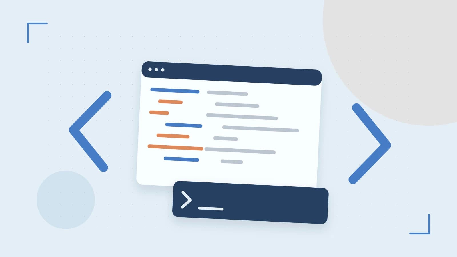 Editorial illustration of an abstract code editor, syntax blocks and oversized programming brackets