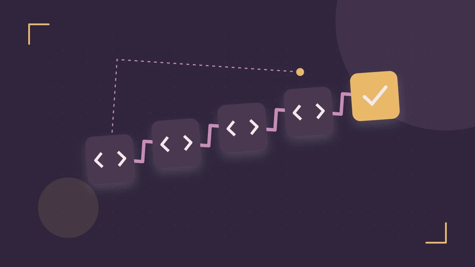 Editorial illustration of a branching build pipeline, staged transformations and a completed check