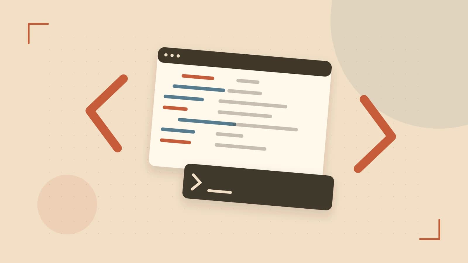 Editorial illustration of an abstract code editor, syntax blocks and oversized programming brackets
