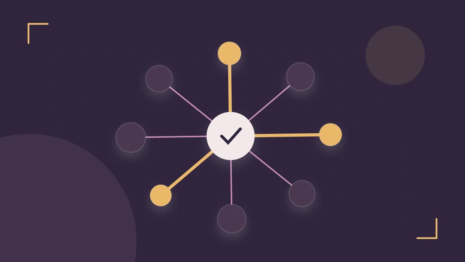 Editorial illustration of an algorithmic node graph with branching paths and a highlighted result