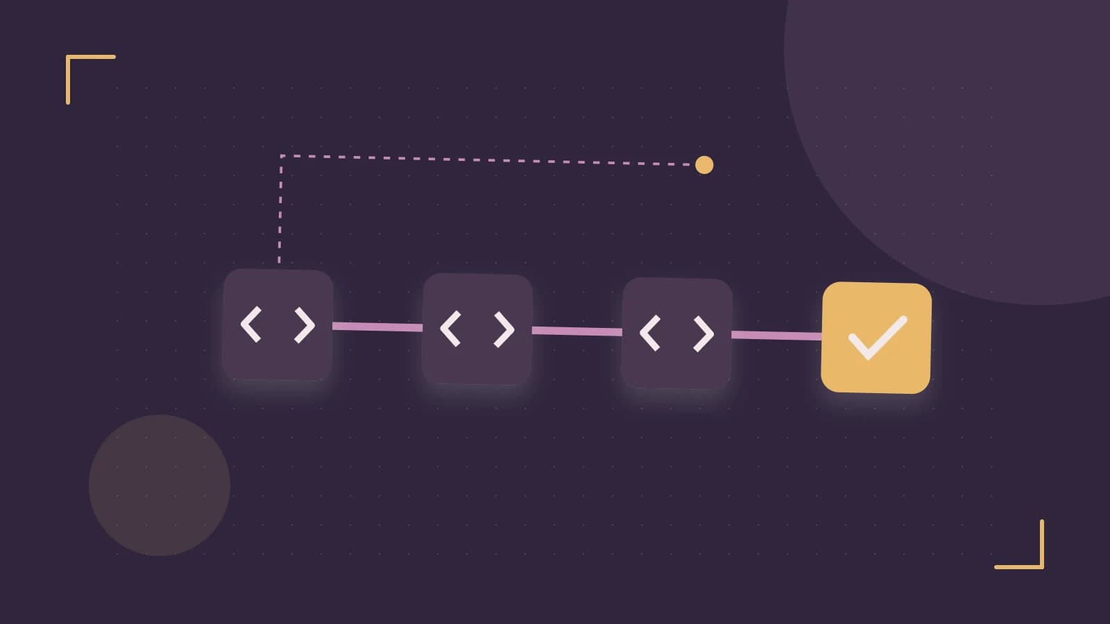 Editorial illustration of a branching build pipeline, staged transformations and a completed check
