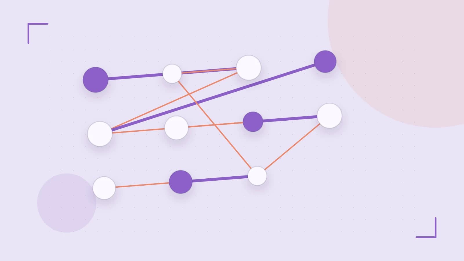 Editorial illustration of an algorithmic node graph with branching paths and a highlighted result