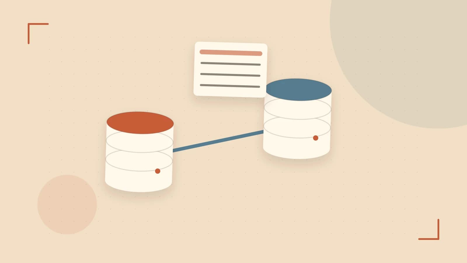 Editorial illustration of structured records, database cylinders and relationships between tables