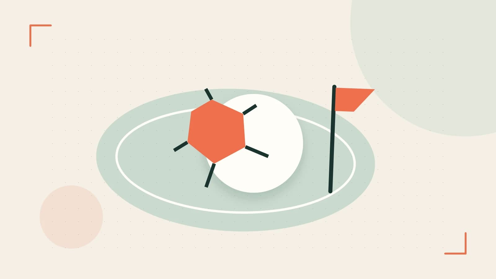 Editorial illustration of a stylized sports ball, stadium geometry and dynamic arcs
