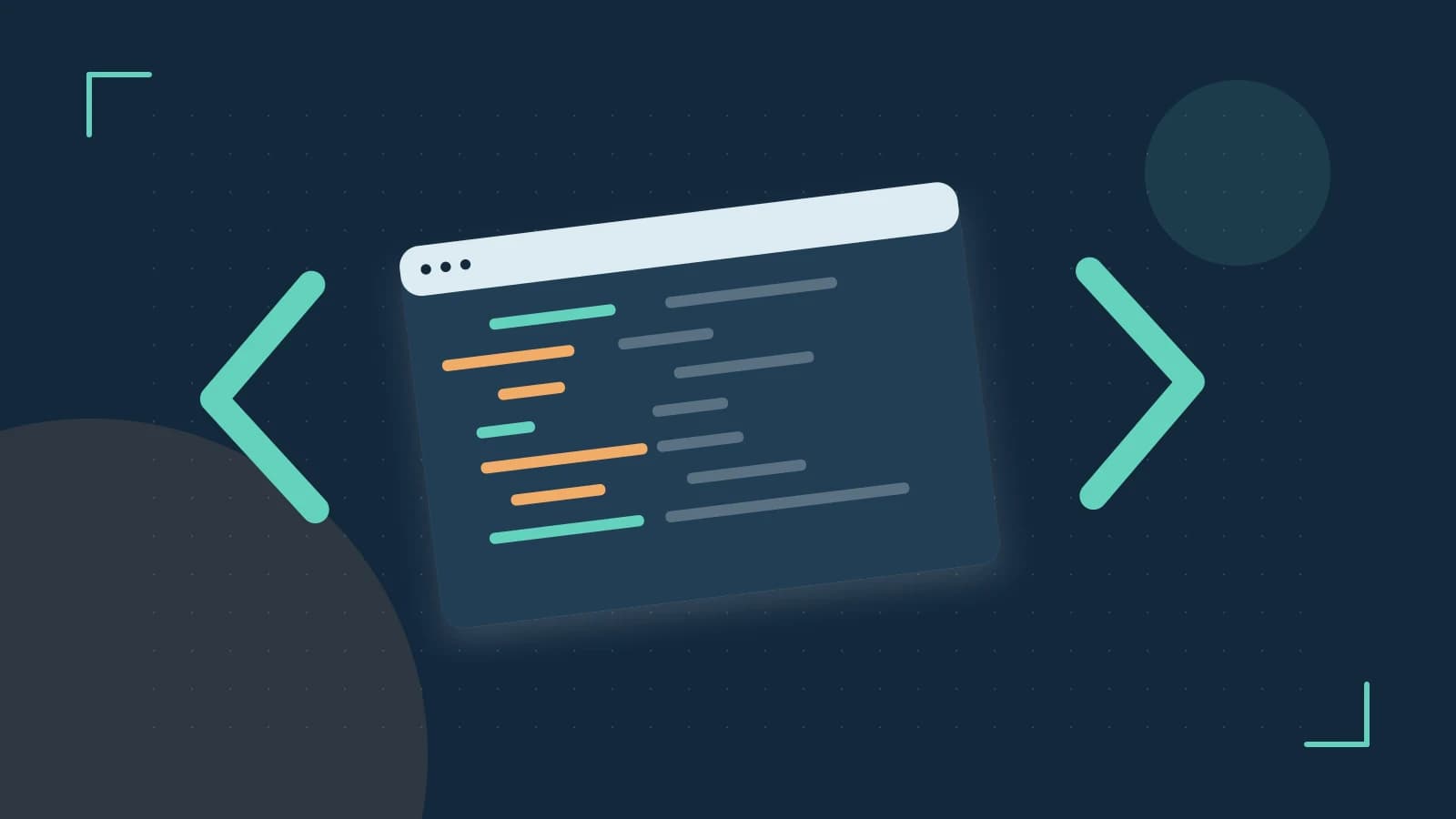 Editorial illustration of an abstract code editor, syntax blocks and oversized programming brackets